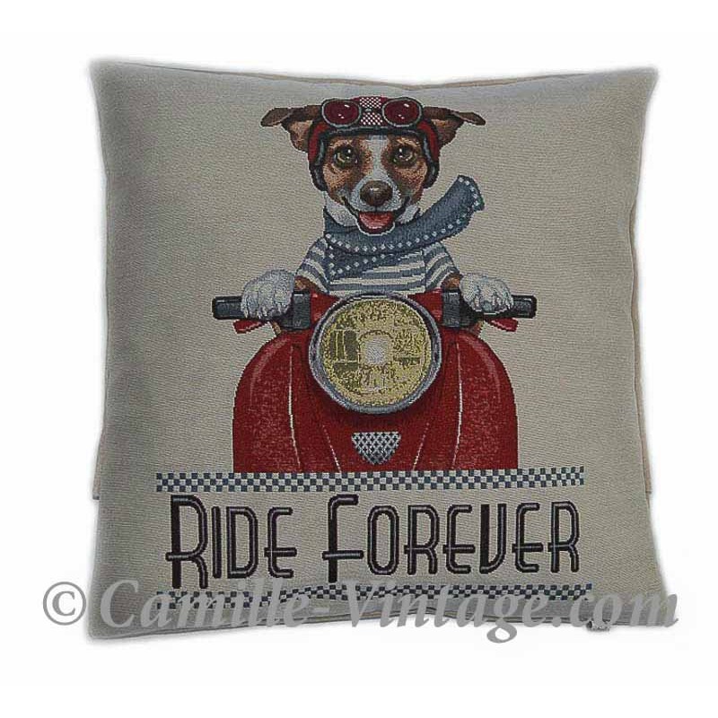 Housse de coussin vintage Chien Ride Forever fait main tissu jacquard