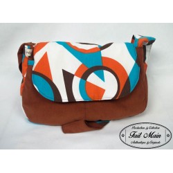 Handbag Sac Besace Molletonné Velours rouille et toile coton orange/bleu/marron